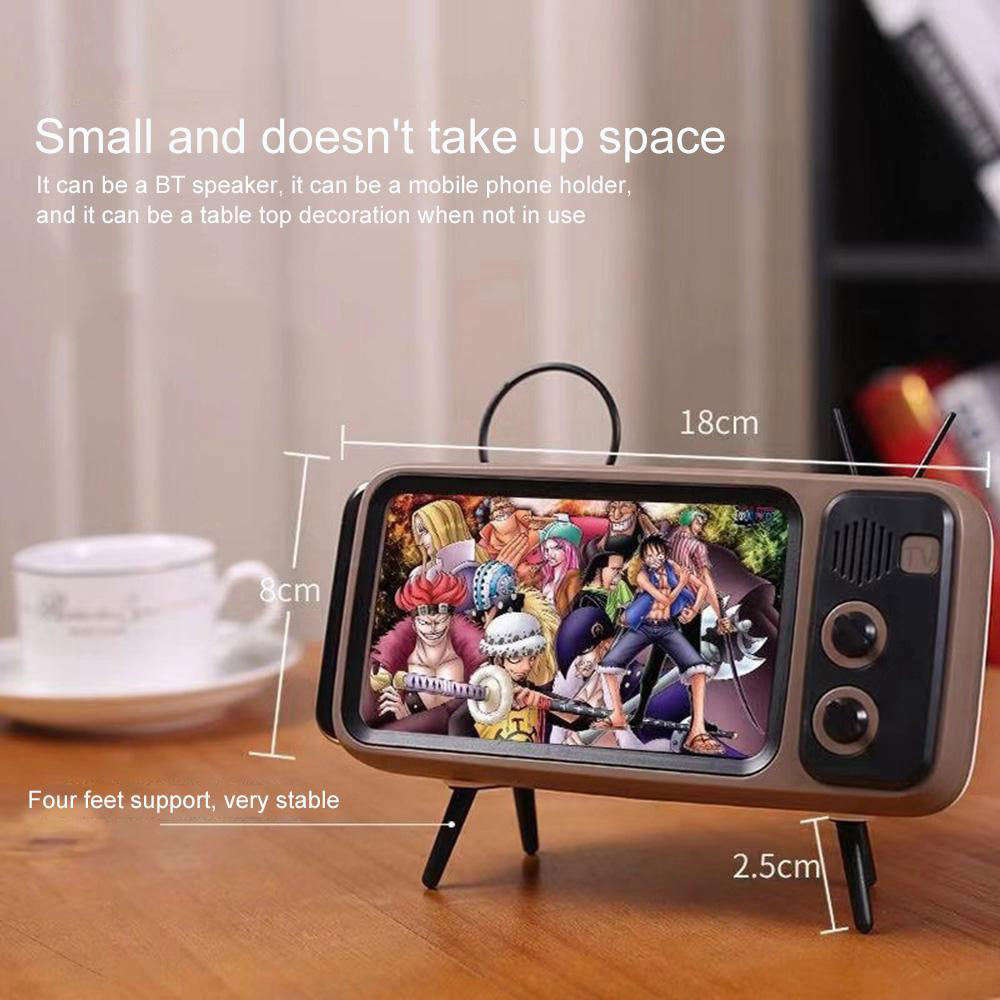 Portable Retro Mini BT Bluetooth Speaker TV Design Smart Phone Holder FM Radio 