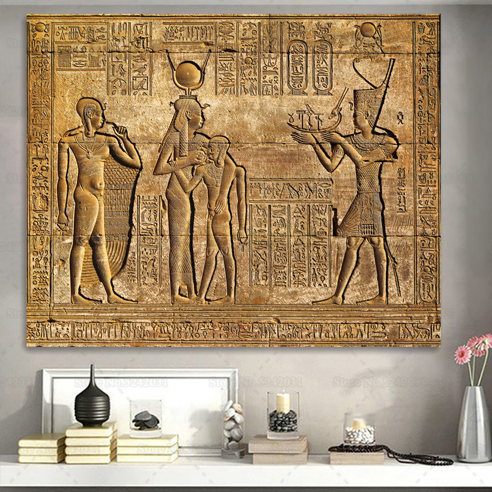 Ancient Egypt Wall Murals Canvas Painting Egyptian Hieroglyphs Fresco Stone Carving Print Queen