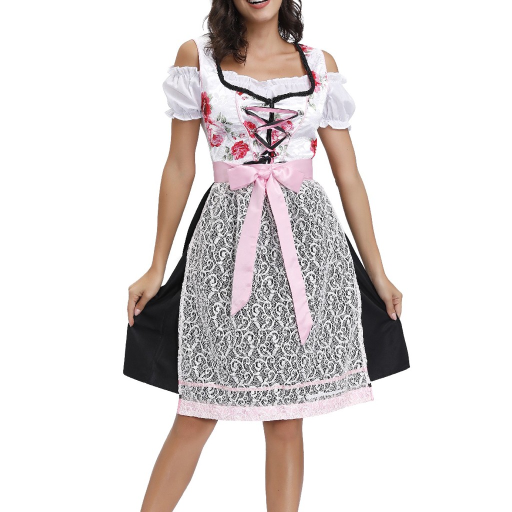 Fiaya Women Dress Halloween Short Sleeve U Neck Carnival Oktoberfest Beer Festival Cosplay Bavarian Costume German Dirndl Tavern Maid Dress