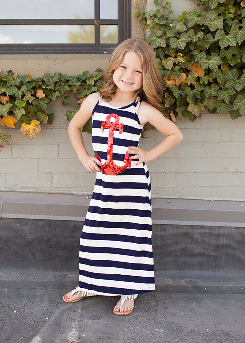 3-7y toddler girl baby anchor stripe maxi dress princess party