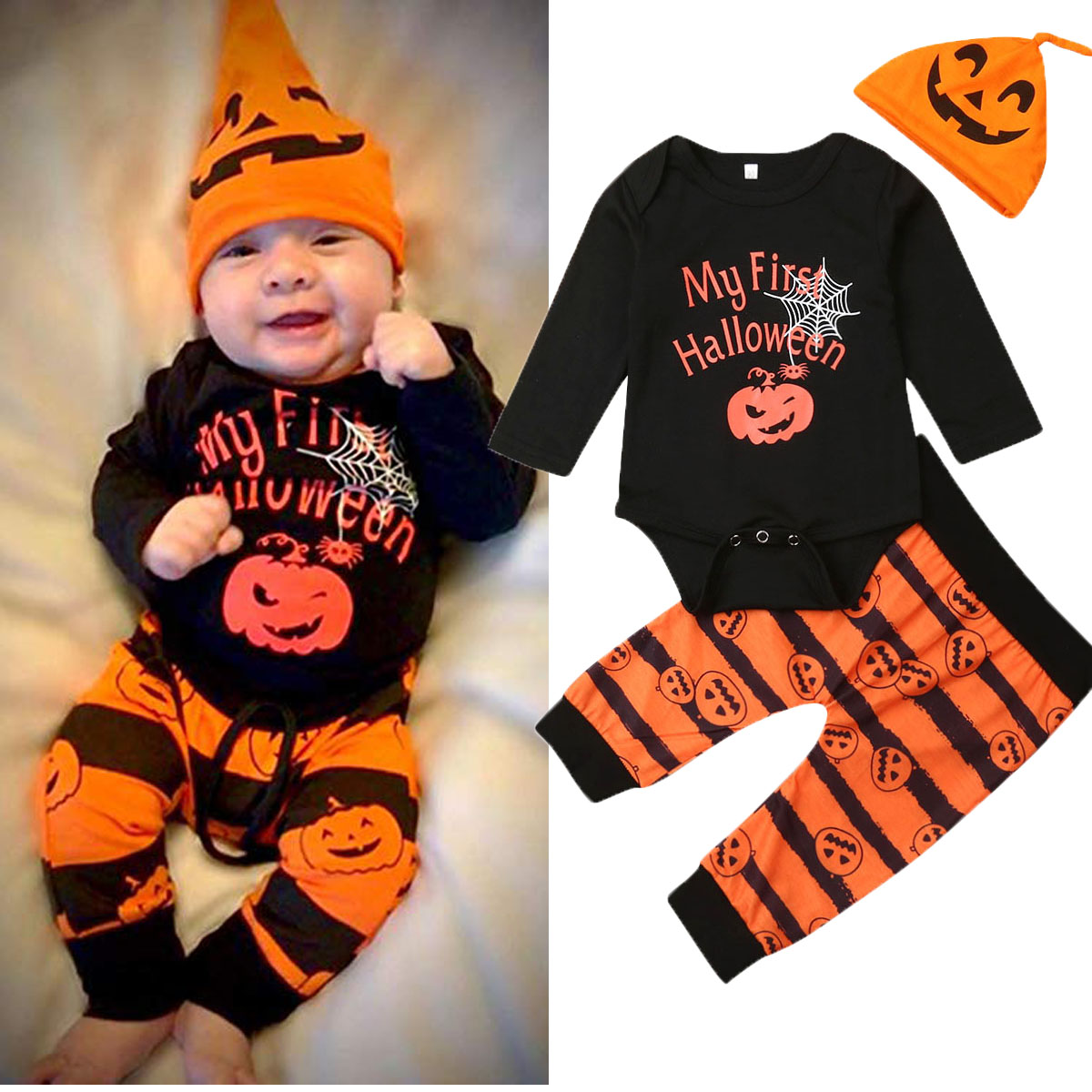 Newborn Baby Long Sleeve Pumpkin Romper Halloween Pants Hat Outfits Costume