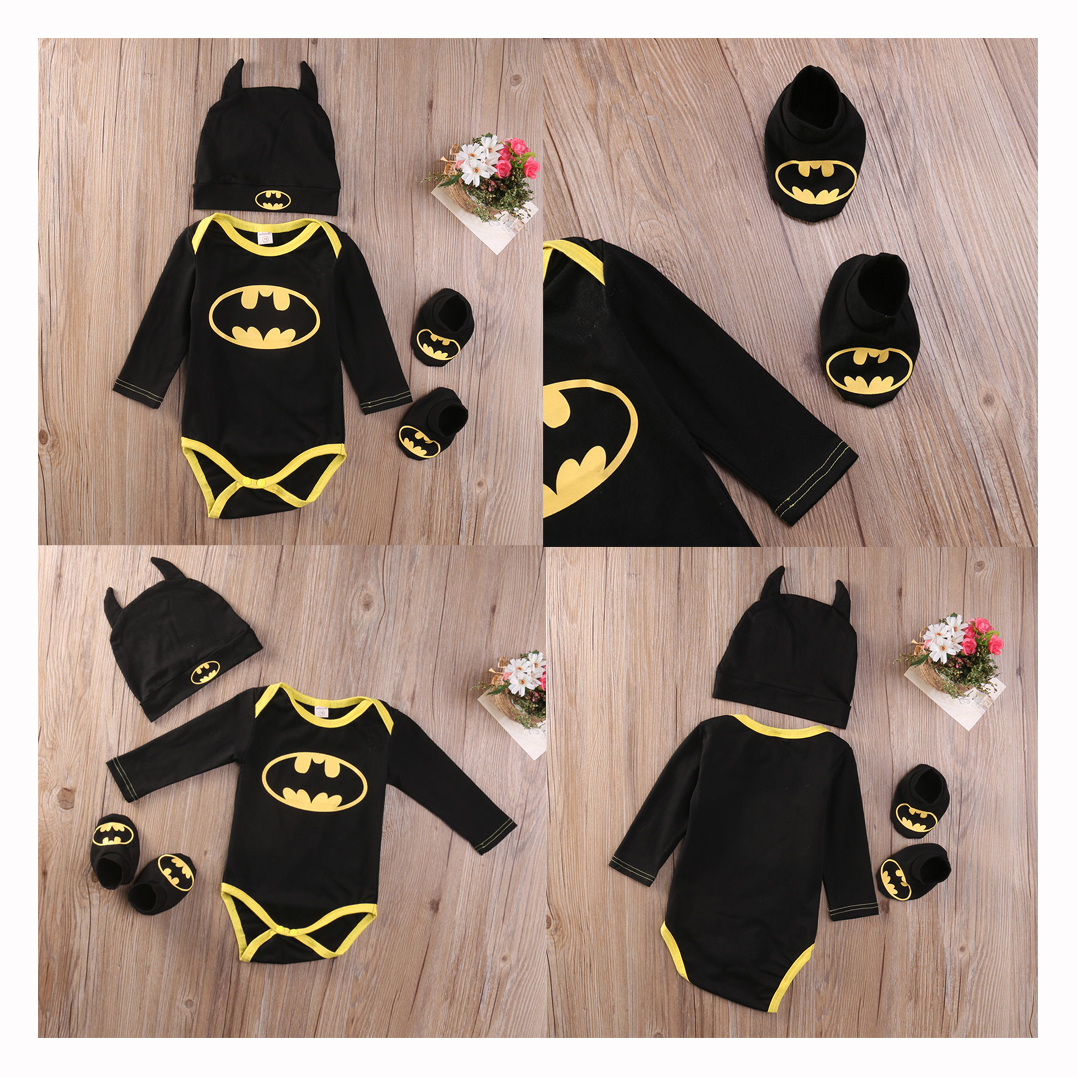 Fashion Batman Baby Boys Rompers Jumpsuit Cotton 3pcs Outfit Clothes Set Newborn