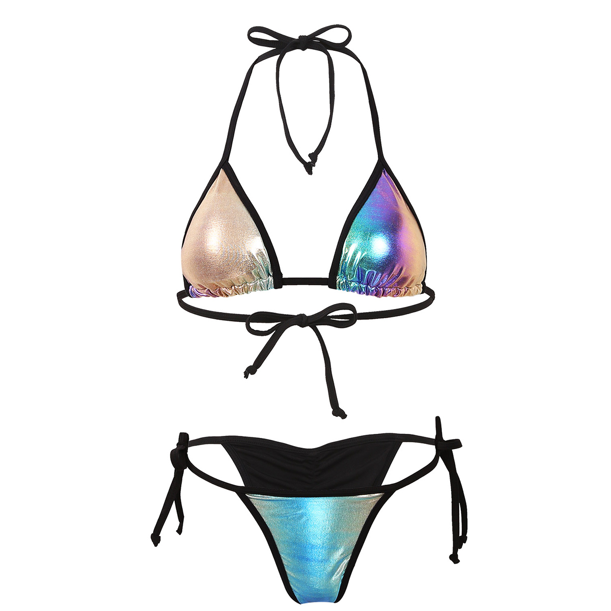 Womens Tie On Crumpled Wrinkle Holographic Swimsuit Swimwear Padded