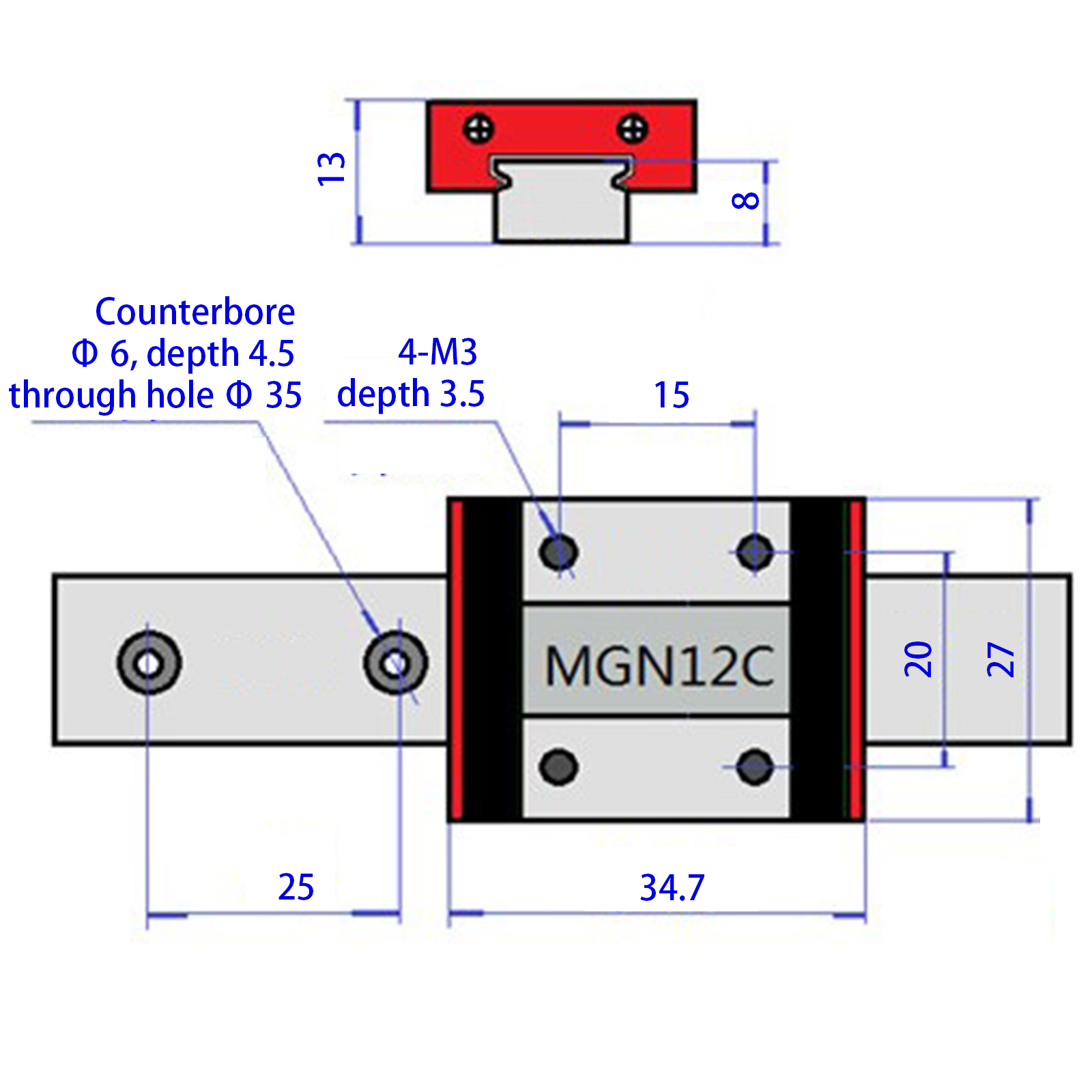 35x27x10mm Guide Rail Sliding Block MGN12C for Precise Measure Equipment 