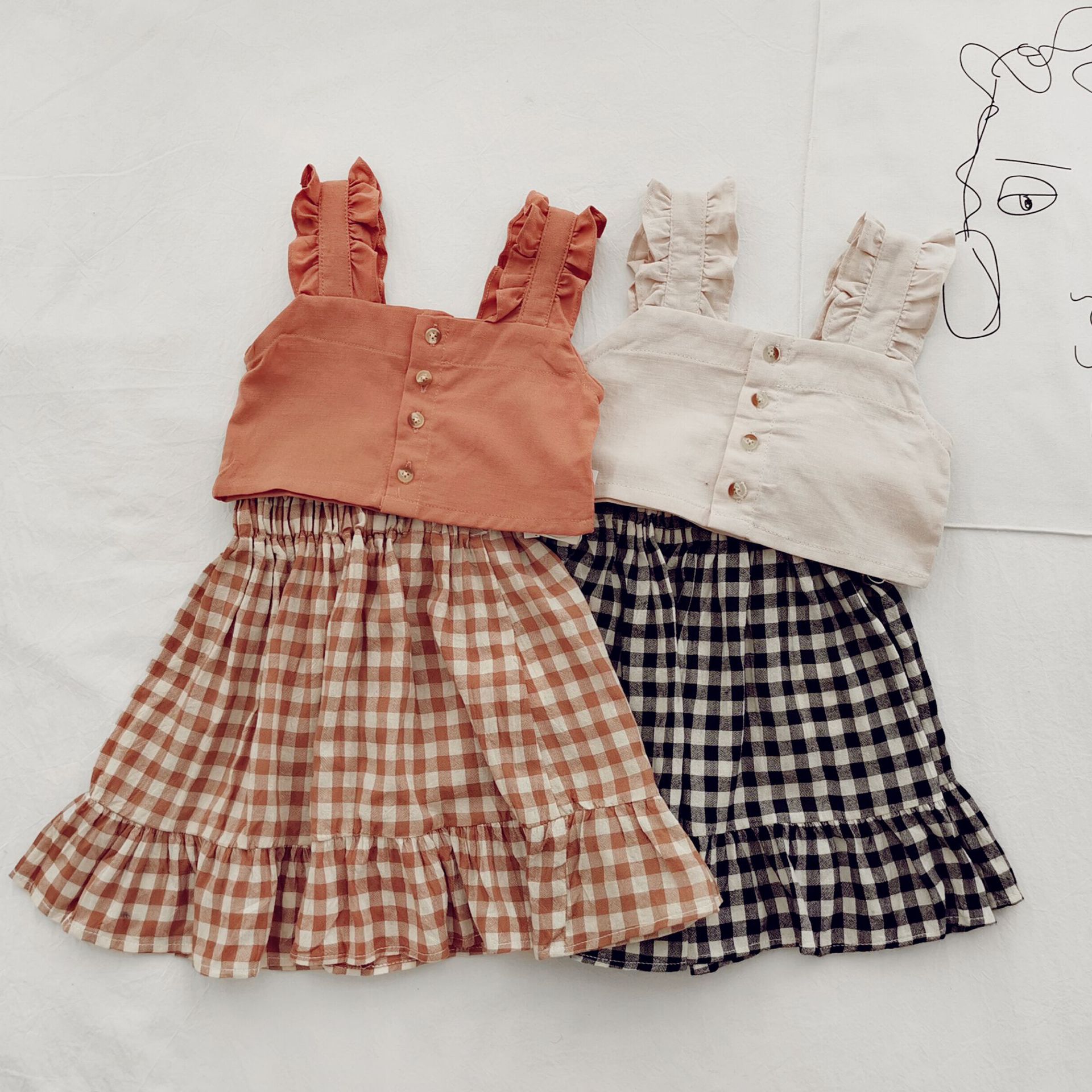 2Piece Toddler Baby Girls Outfits Set,Sleeveless Embroidery Floral Print Vest Tanks Top Plaid Skirts for Summer
