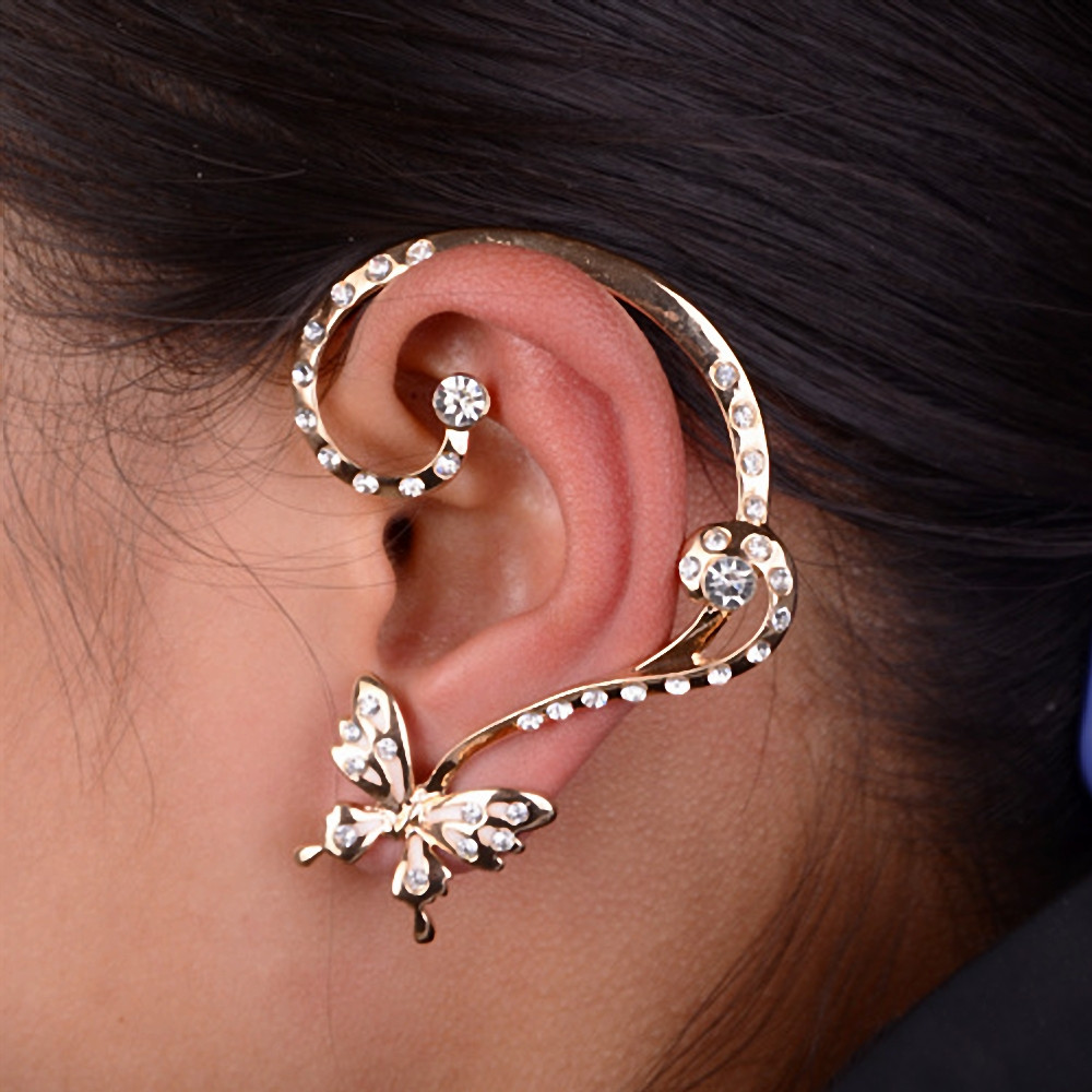 2X Women Silver Ear Cuff Crystal Rhinestone Wrap Cartilage Clip On Studs EarriOQ 