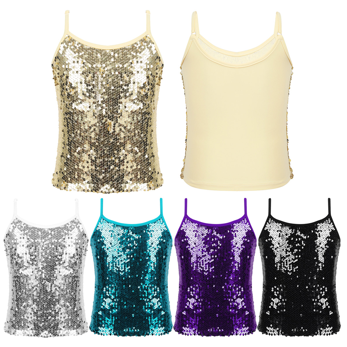 Girls Sparkly Sequined Tank Tops Kids Shiny Metallic Gym Performance Camisole