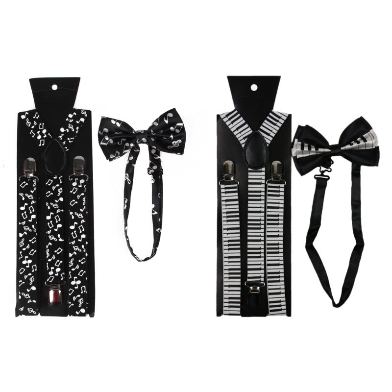 Suspender and Bow Tie Adults Men Black Music Staff Sheet Formal Wear Accessories 