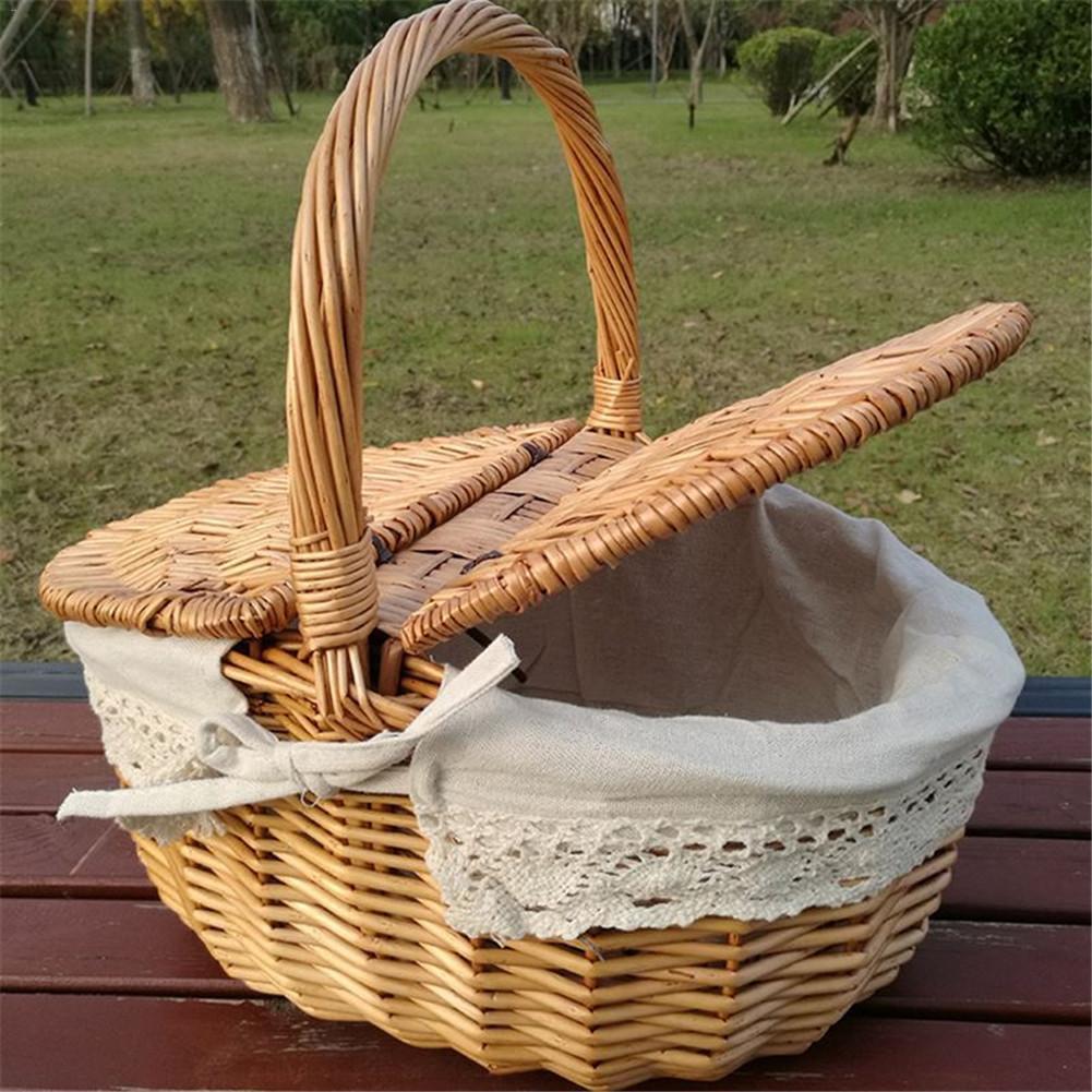 Picnic Basket Hand Made Wicker Bags Camping Shopping Storage Hamper With Lid Picnic Food Basket Woven Fruit Storage Basket Picnic Bags Aliexpress