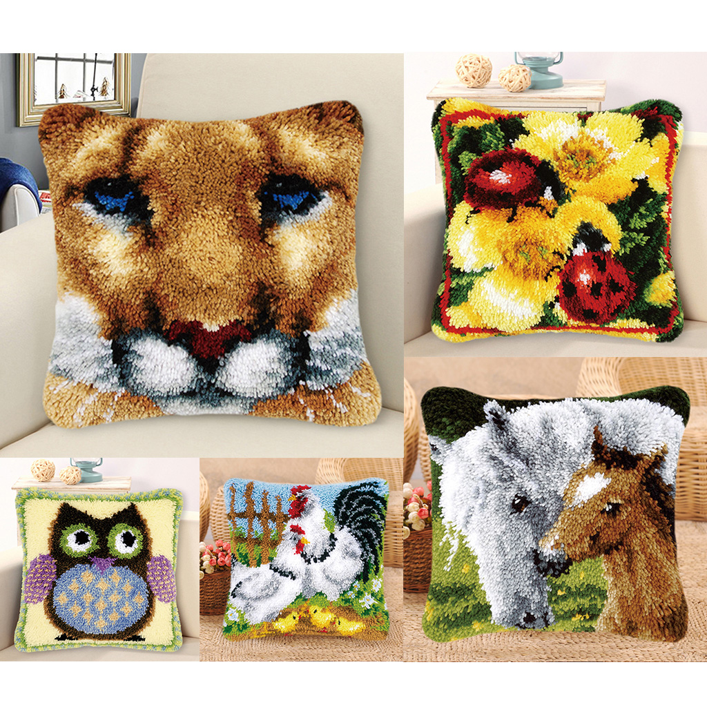 Animal Pillowcase Embroidery Lion Throw Pillow Cushion Latch Hook Kit 43*43cm 