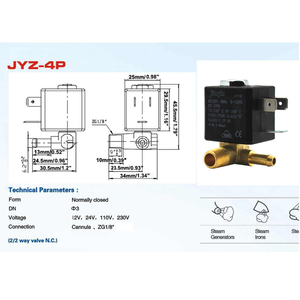 Description Picture 5 of itemJIAYIN JYZ-4P Normally Closed 3mm N/C 2/2 Way AC 230V G1/8" Brass Steam Air Generator Water Solenoid Valve Coffee Makers