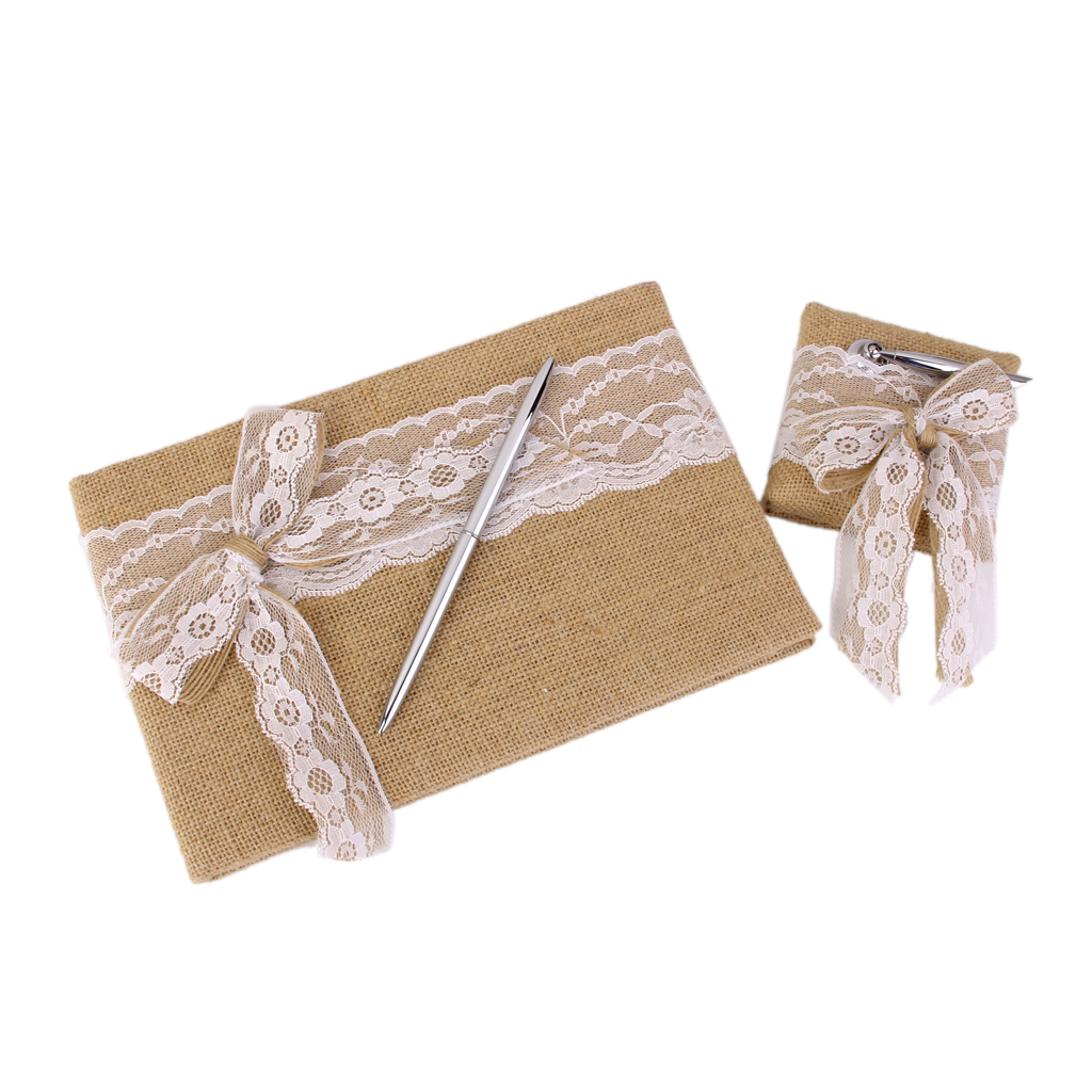 Rustic Chic Burlap Hessian Wedding Guest Book Pen Set w.Lace Bowknot Decor Rustic Chic Burlap Hessian Wedding Guest Book Pen Set w.Lace Bowknot Decor