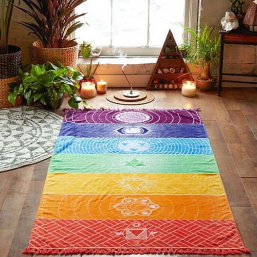 Description Picture 3 of itemWomen Yoga Mat Bohemia India Mandala Blanket 7 Chakra Rainbow Stripes Tapestry Beach Mats For Women Throw Towel Travel Yoga Mat