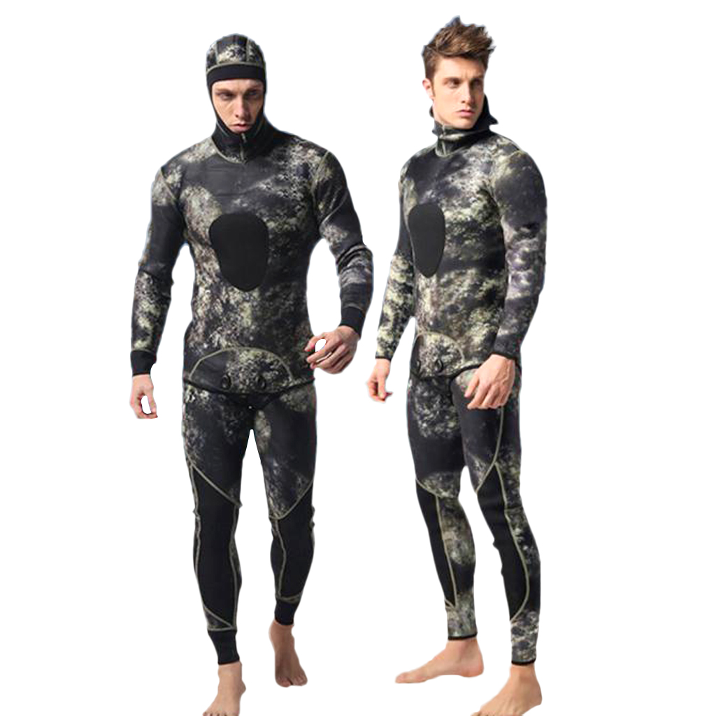 3mm Neoprene Camo Mens Two-piece Wetsuit Diving Spearfishing Rash Guard Suit 