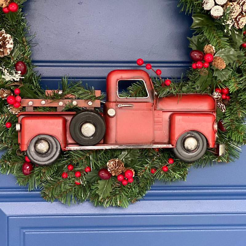 OUYG Outdoor Christmas Wreaths Red Truck Christmas Wreath Window Front Door Decoration Wall Hanging Christmas Wreath Decorating Supplies for Christmas Decoration Props