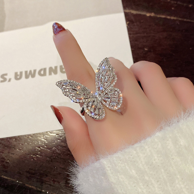 Pink and green rhinestone butterfly ring butterfly stretch ring pink butterfly ring