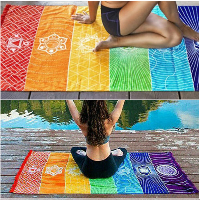 Description Picture 5 of itemWomen Yoga Mat Bohemia India Mandala Blanket 7 Chakra Rainbow Stripes Tapestry Beach Mats For Women Throw Towel Travel Yoga Mat