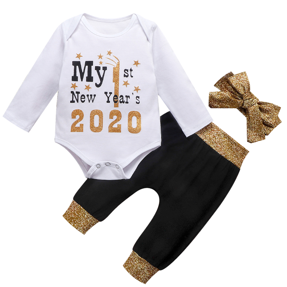 Newborn Baby Girl Boy My 1st New Year Clothes Romper+Pants+Headband Outfits Sets