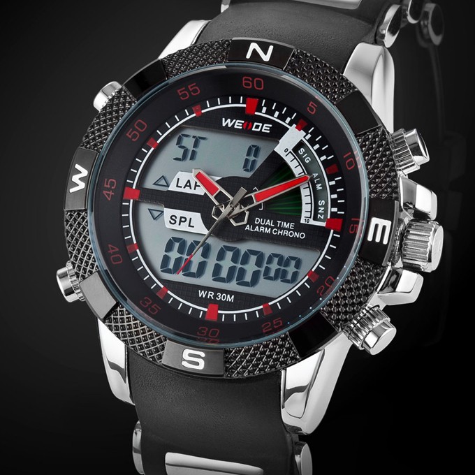 WEIDE Brand Men LED Digital Sports Wristwatches Analog-digital Display Alarm Auto Date Repeater Design 3ATM