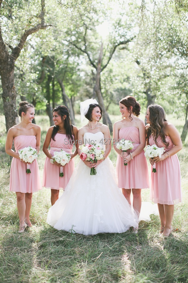 3-2014 Pink Bridesmaid Dress Strapless Short Knee Length Dress for Bridesmaid Wedding Party Dress