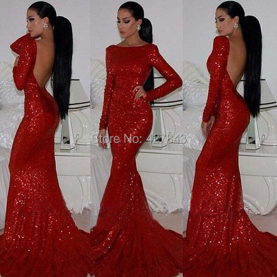 Boat Neck Sequins Red Mermaid Prom Dress Backless Long Sleeves Prom Dress Sexy Evening Party Dress Long vestidos de fiesta