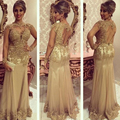 Hot Champagne Long Prom Dresses Gold Appliqued 2017 Sexy High Collar Mermaid Evening Party Gowns Chiffon