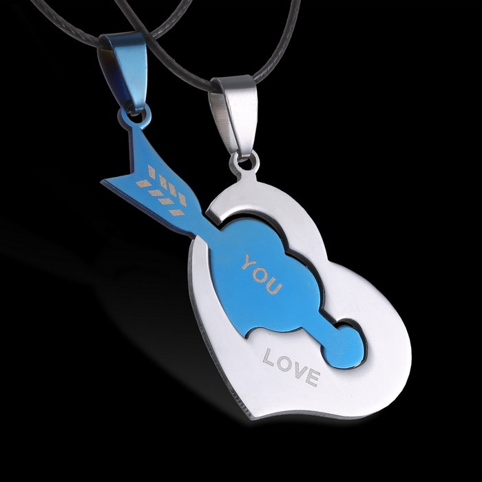 Parejas collares pendientes para el amor mujeres hombres cordón negro de cuero del rompecabezas del acero inoxidable flecha azul corazón collar de la