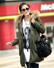 New Korean Army Green Cotton Coat Raccoon Fur Collar The Long Dress Jacket Padded Jacket Outerwear Female Snow Wear Brand parkas