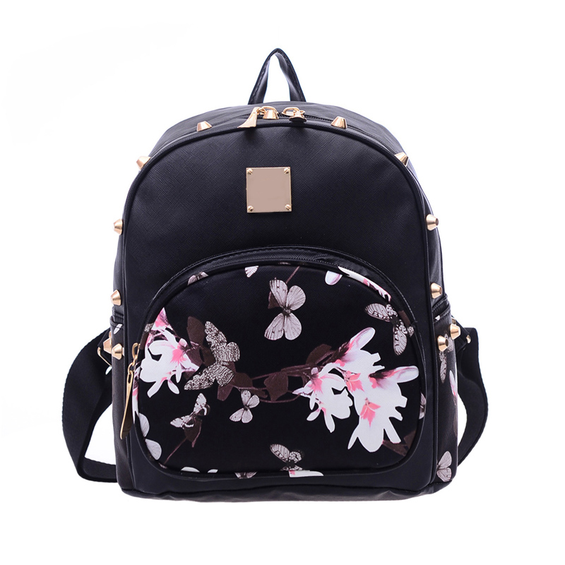 Preppy Style Lovely Floral Women Backpack Fashion Korean Small Schoolbag for Teenage Girls PU Leather Rucksack