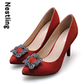 New 2016 Spring Fashion Wedding Shoes High Quality Nubuck Leather Shining Rhinestone Women Pumps High Heels