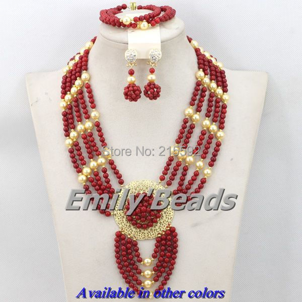 African Red Coral Beads Jewelry Set Pearl Beads Nigerian Wedding African Bridal Jewelry Set 2015 New Free Shipping CJ343
