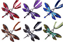 Wholesale 6pcs/lot  White Gold Plated Rhinestone  Enamel Dragonfly  Pendant Necklace  Sweater Chain Christmas  Gift Jewelry