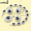 Fashion 925 Silver Jewelry Sets For Women Dark Blue Synthetic Sapphire White CZ Fancy Wedding Necklace