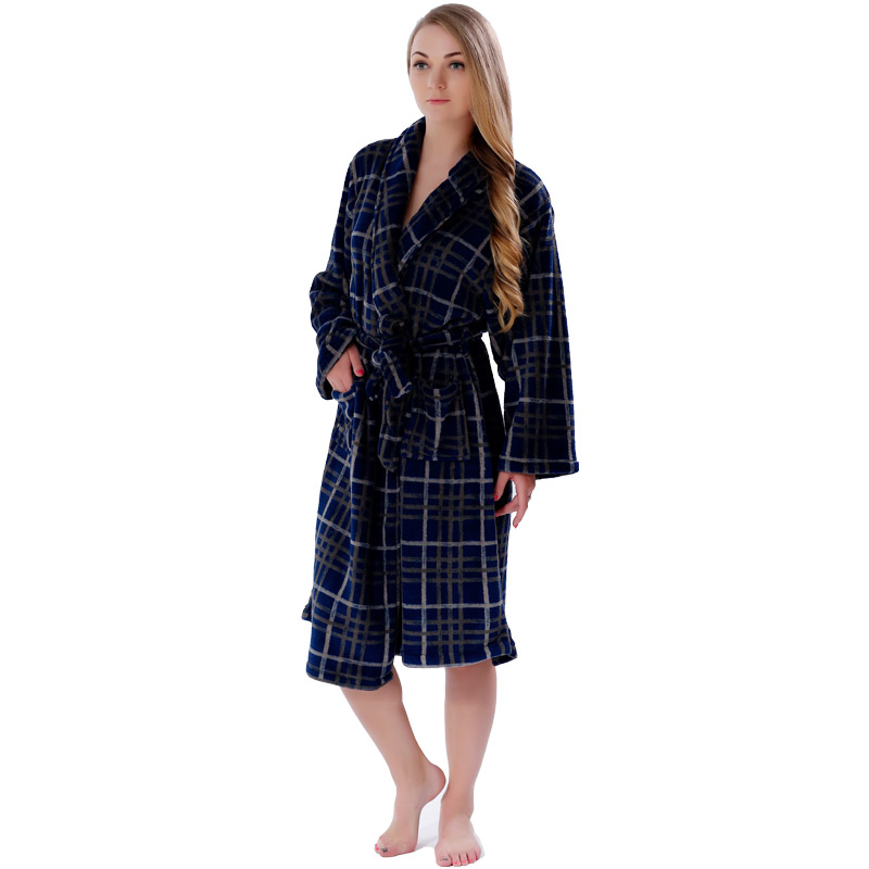 New Couples Coral Fleece Bath Robe Navy Plaid Nightgown Sleepwear Plus Size Bathrobe Dressing Gown For Men Women