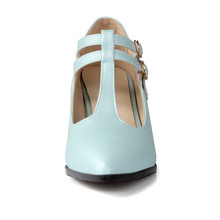 2015 leisure elegant women shoes pointed toe square heel double T strap PU leather women pumps