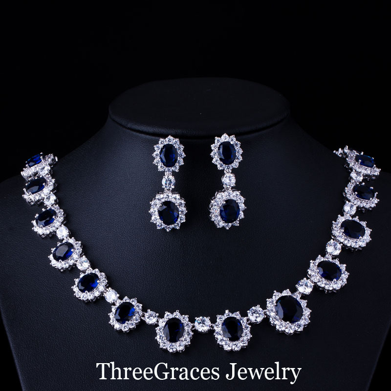 Luxury Cz Diamond Women Wedding Jewelry Royal Blue Shire Bridal African Design Costume Jewelry Platinum Plated Cz Diamond Royal Blue Shire Bridal Necklace Earrings For Wedding
