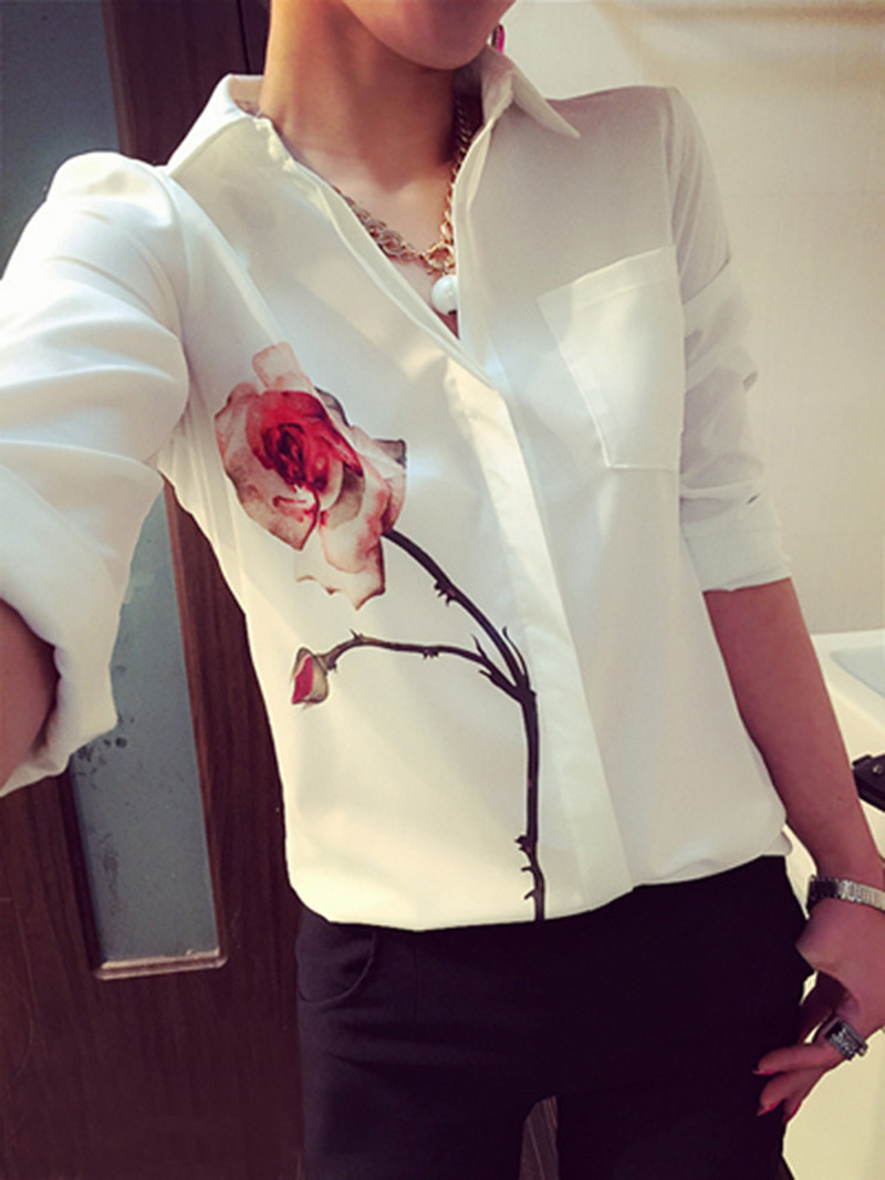 Spring Rose Flower Printed Long Sleeve Blouse Women Turn Down Collar Chiffon Shirts White Big Size Women Clothes