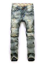 Famous Brand 2016 Mens Vintage Ripped Hole Jeans Robin Men Biker Jeans Homme Slim Denim Cotton overalls hombre Motorcycle Pants
