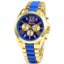 2015 venta caliente nuevo lujo hombres de acero inoxidable clásico oro Dial del análogo de cuarzo brazalete del reloj del envío libre