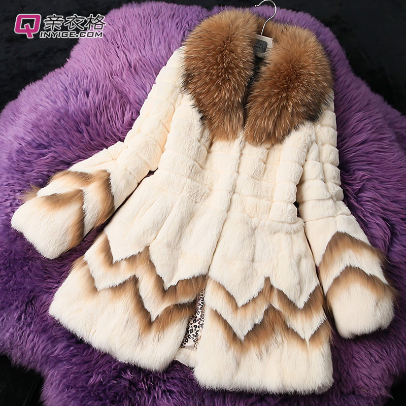 2013 Autumn and Winter Women's Real Rabbit Fur Coat with Raccoon Fur Collar Female Slim Outerwear VK2217