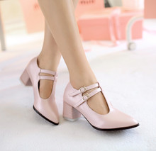 2015 leisure elegant women shoes pointed toe square heel double T strap PU leather women pumps