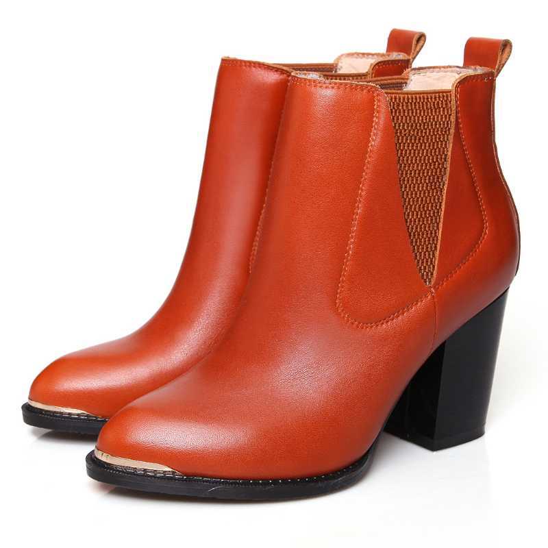 Фотография Casual Ankle Boots Fashion Shoes Lady With Metal Charm Real Leather Round Toe Women Shoes Concise High Thick Heels Ladies Boots