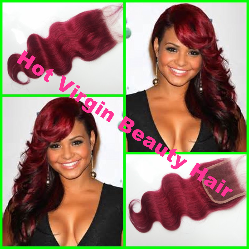 Фотография Red Colour Brazilian Lace Closure,4*4inch Body Wave 99J Colour,130% Medium Density Free Shipping by e-Packet
