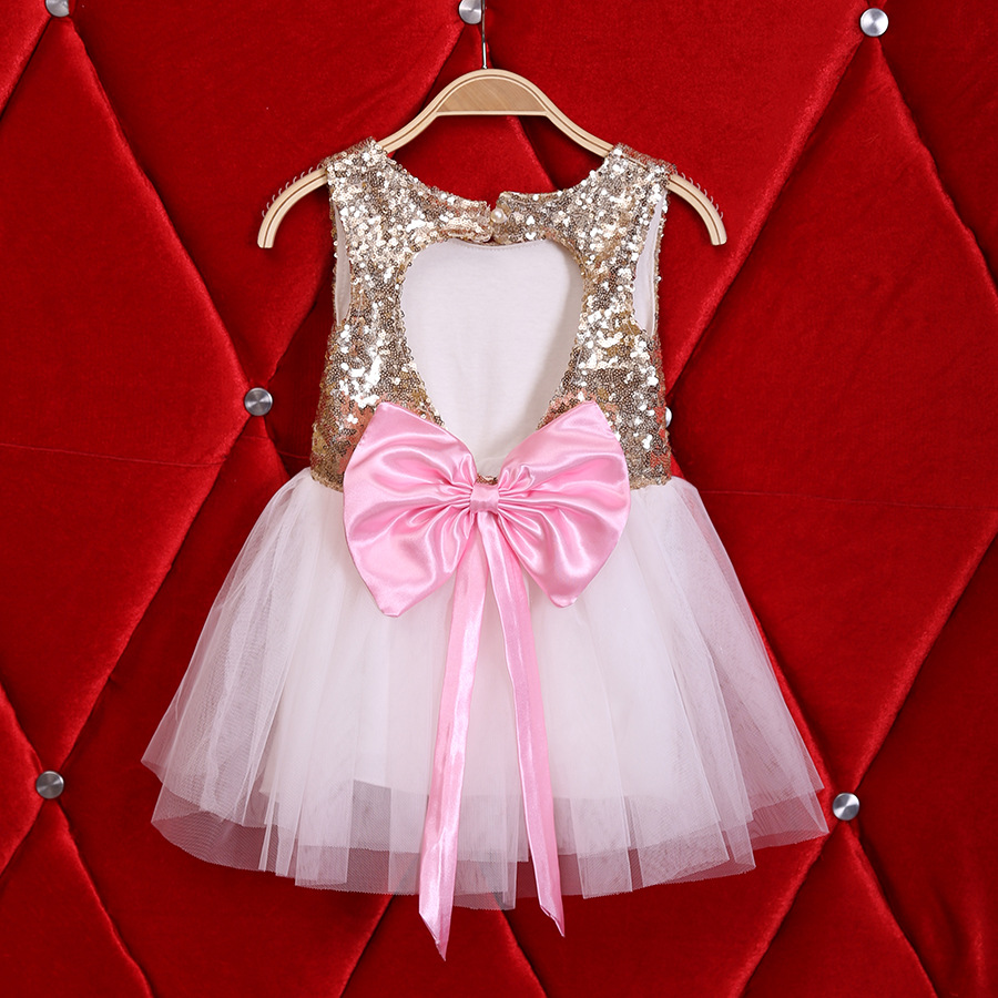 New Girls Gold Heart Sequin Tutu Dress with Pink Ribbon Bow Baby