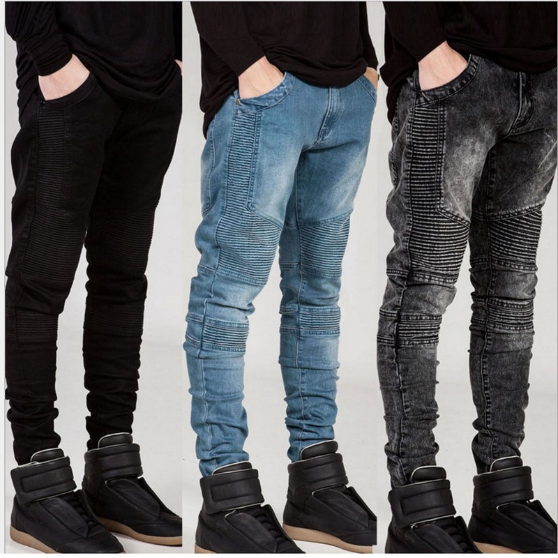 Mens Skinny jeans men 2015 Runway Distressed slim elastic jeans denim Biker jeans hiphop pants Washed black jeans for men blue