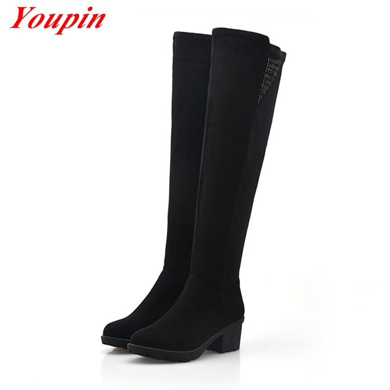 Thick with Knee Boots 2015 latest Nubuck Leather Long Boots Winter Short Plush Woman Shoe Plus Size Black Thick With Knee Boots
