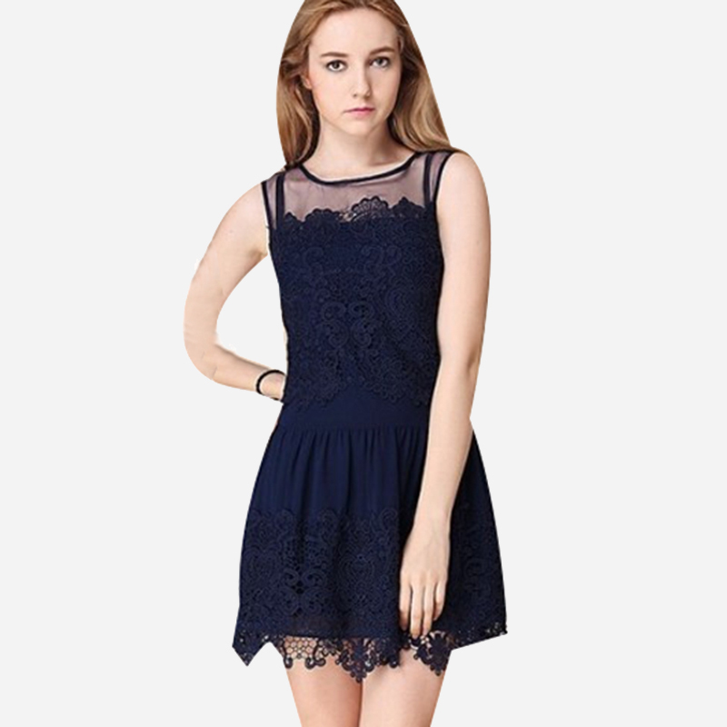 Casual Lace Clothing Women's Blue Dress Novelty Lace Patchwork Dress ...