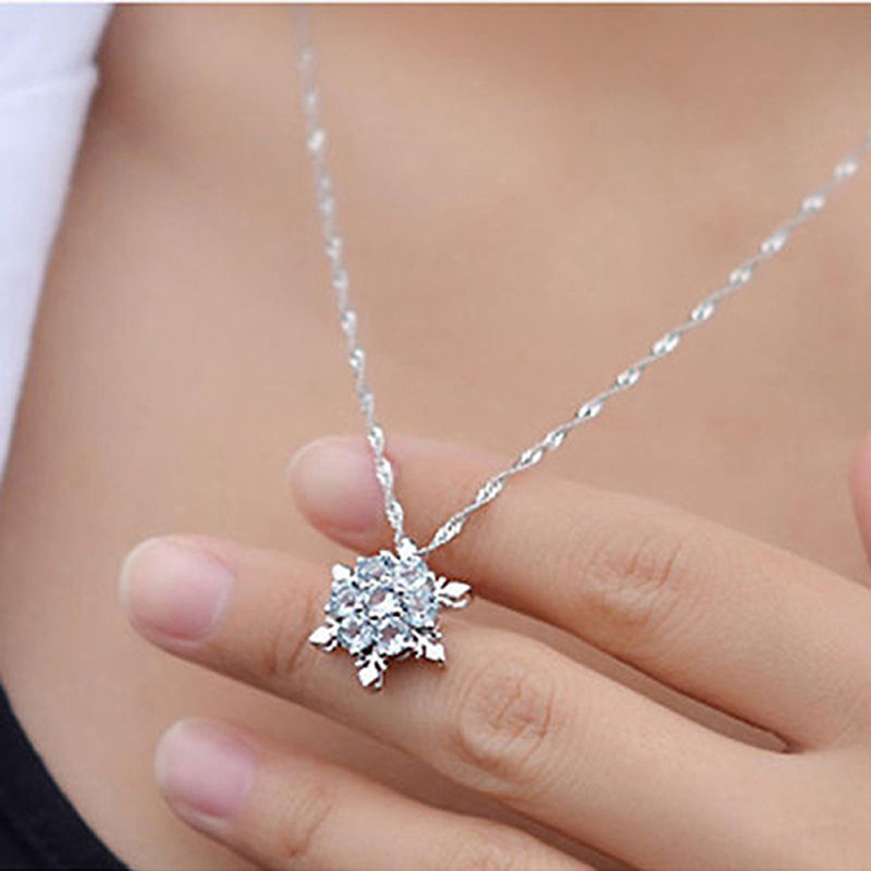 Charm Vintage lady Blue Crystal Snowflake Frozen Flower Silver Necklace Pendant