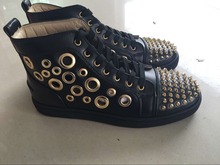 Wholesale 2015 men Black sheepskin golden spike holes high shoes designed golden rivet spikes red bottom shoes