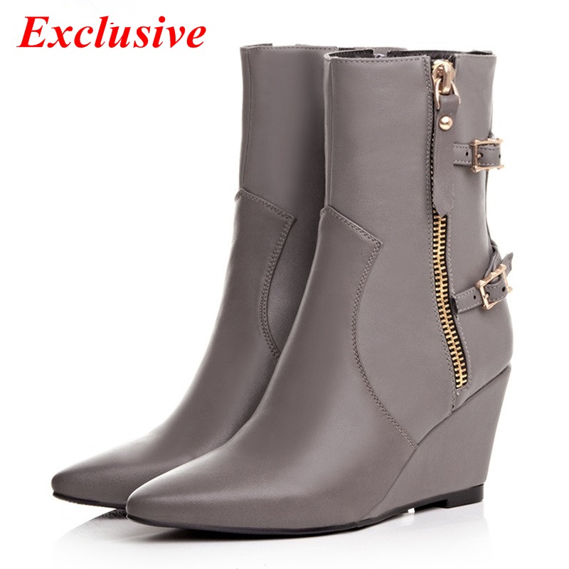 Slope with belt buckle Pointed Toe Temperament women's boots 2015 latest autumn winter wild section Black Gray Warm winter boots